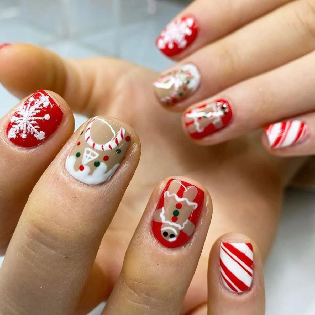 Press-On Nails Set - Christmas Collection with Frosted Cute Cartoon Gingerbread, Christmas Tree, Snowflake & Candy Cane Designs