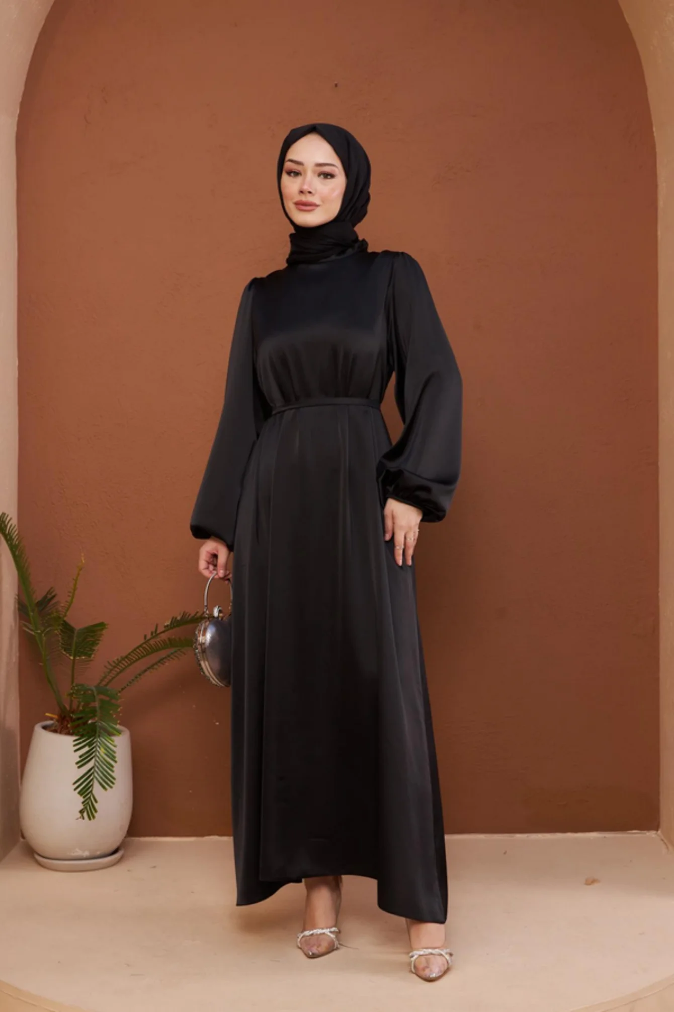 فستان نسائي مسلم بأكمام طويلة مع حزام، أحادي اللون، الشرق الأوسط، ربيع وصيف خريف جديد
