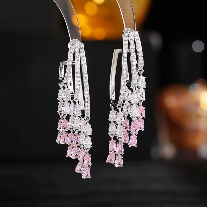 S925 Silver Needle Zircon Inlaid Evening Dress Wedding Bride Trendy Light Luxury High-end Water Drop Tassel Earrings
