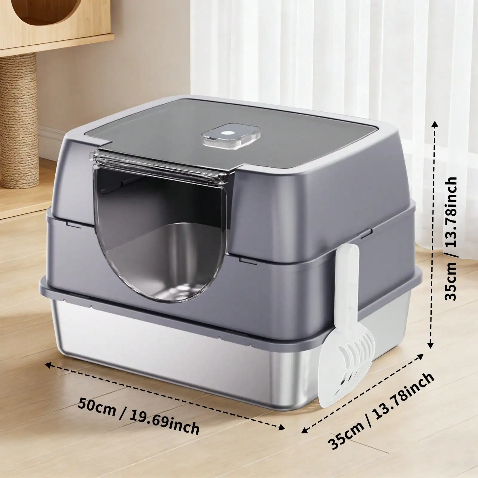 Extra Large Stainless Steel Litter Box With Lid, High Sided Enclosed Metal Cat Litter Pan, Dog Proof Front Entry Top Exit, Odor Control Easy Clean Leak Proof, Includes Mat, Scoop & Step - view 7