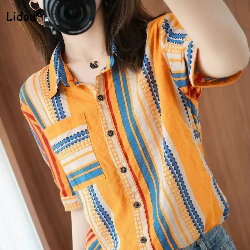 

Korean Fashion Striped Printed Short Sleeve Shirt Womens Clothing Summer Vintage All-match Turn-down Collar Button Blouse Female