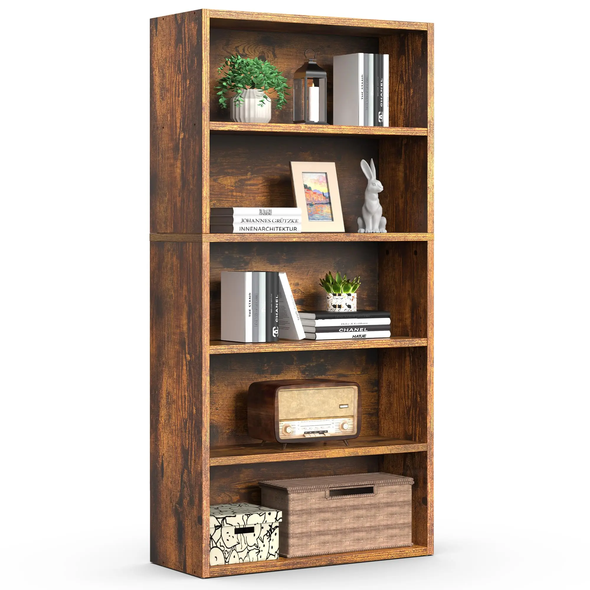 Rustic Brown Industrial 6 Shelf Bookcase 63 Inch Tall Floor Standing Open Storage For Home Office Living Room Bedroom