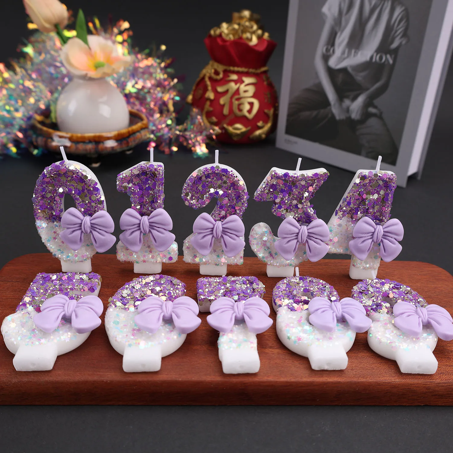 Soft purple bow-shaped number candles, purple and white mixed-color candles, holiday anniversary candles, party small gifts