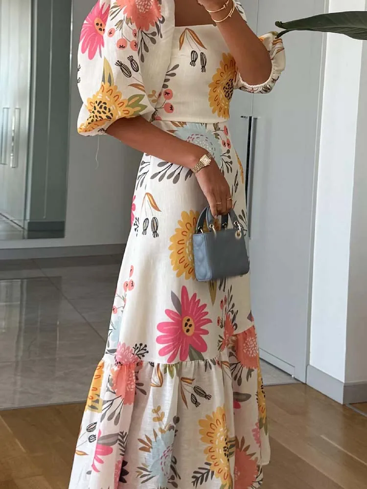 Abito da vacanza senza schienale con giunture Boho Elegante abito da donna con maniche a sbuffo con scollo quadrato Abito lungo a trapezio pieghettato con stampa floreale casual