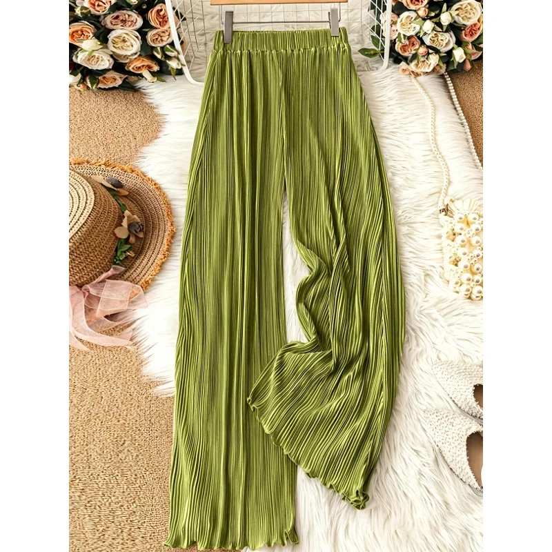 

Ice Silk Pleated Wide Leg Pants Neutral Style Casual Trousers Women's Spring Fashion Neutral Waist Other Material 100%