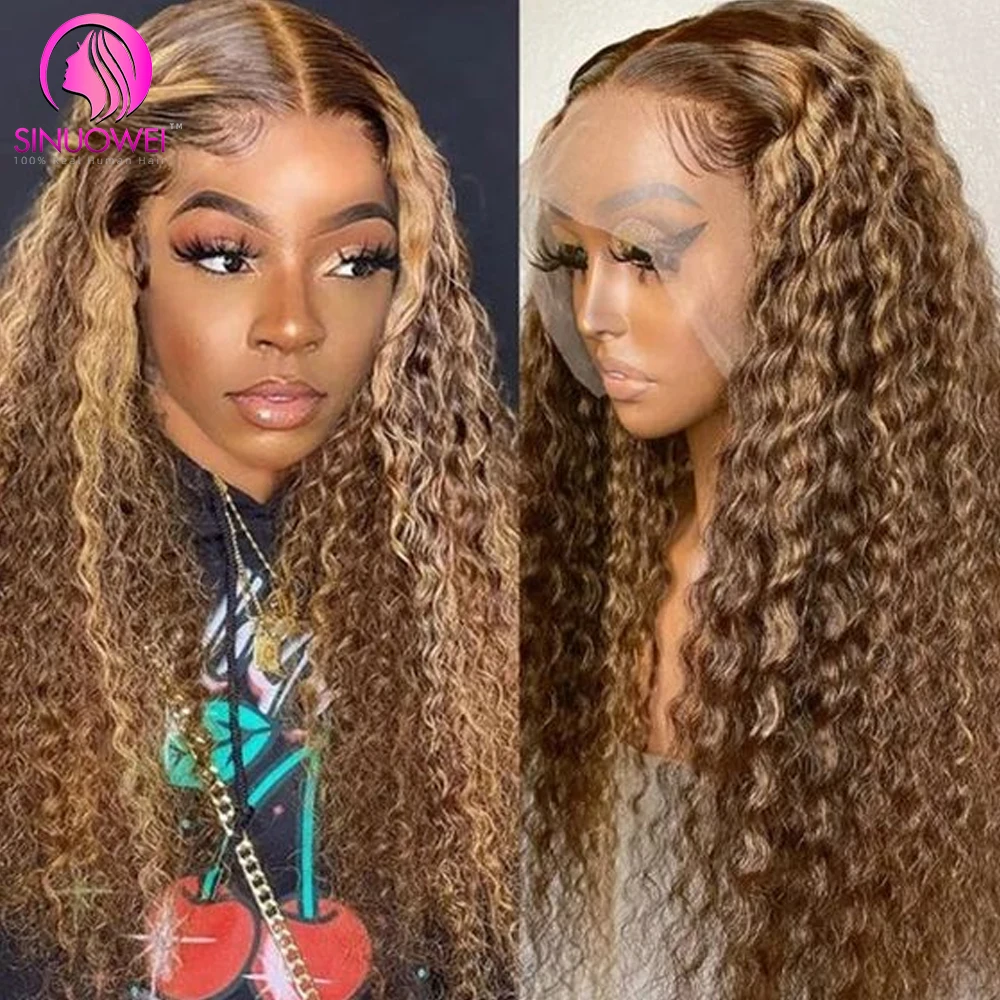 Ombre Honey Blonde 13x4 Transparent Water Wave Lace Front Human Hair Wigs For Women 4/27 Colored Highlight Curly Wig Pre Plucked