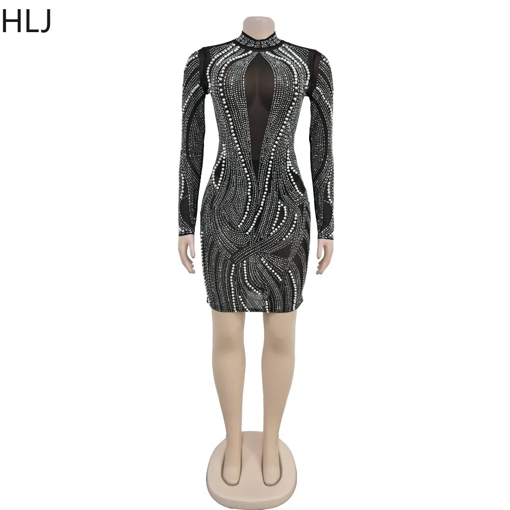 HLJ Fashion Luxury strass perle Bodycon Evening Party Mini Dress donna girocollo Mesh Sheer Slim Vestidos abbigliamento femminile