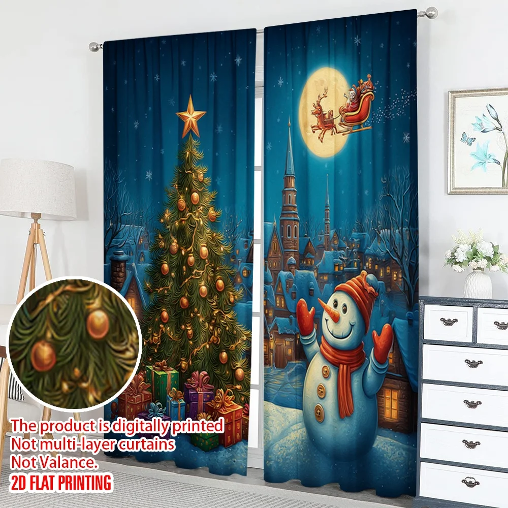 2pcs 2D flat printing Happy Christmas Scene Curtains Christmas Scene Snowman Santa Village Digital Printed Polyester Drapes