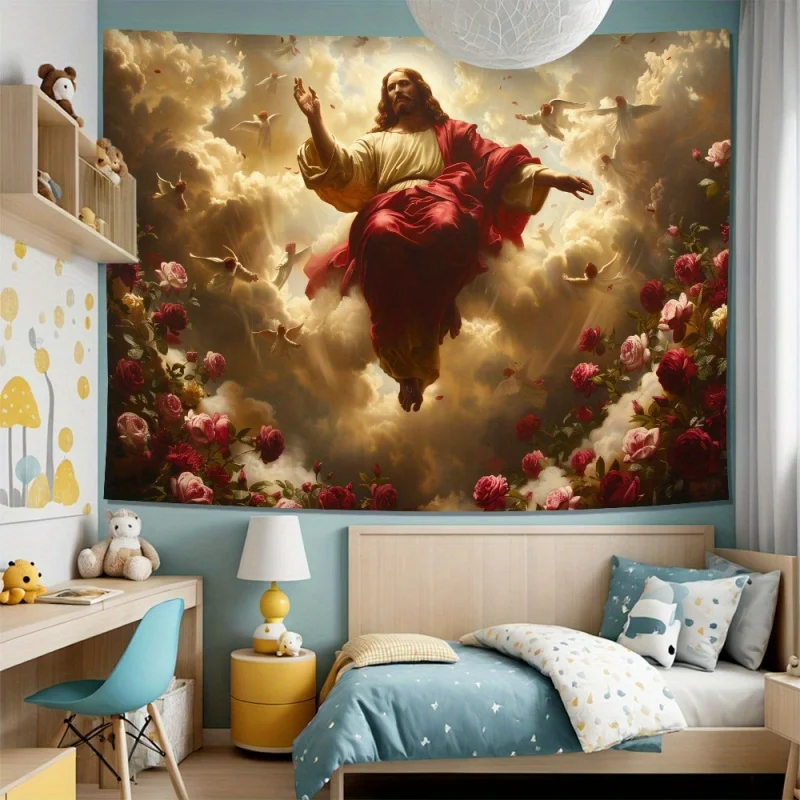 VIKAMA Jesus Christus Rosen-Wandteppich, Göttlicher Religiöser Wandbehang, Spirituelle Ästhetische Dekoration für Schlafzimmer und Wohnzimmer