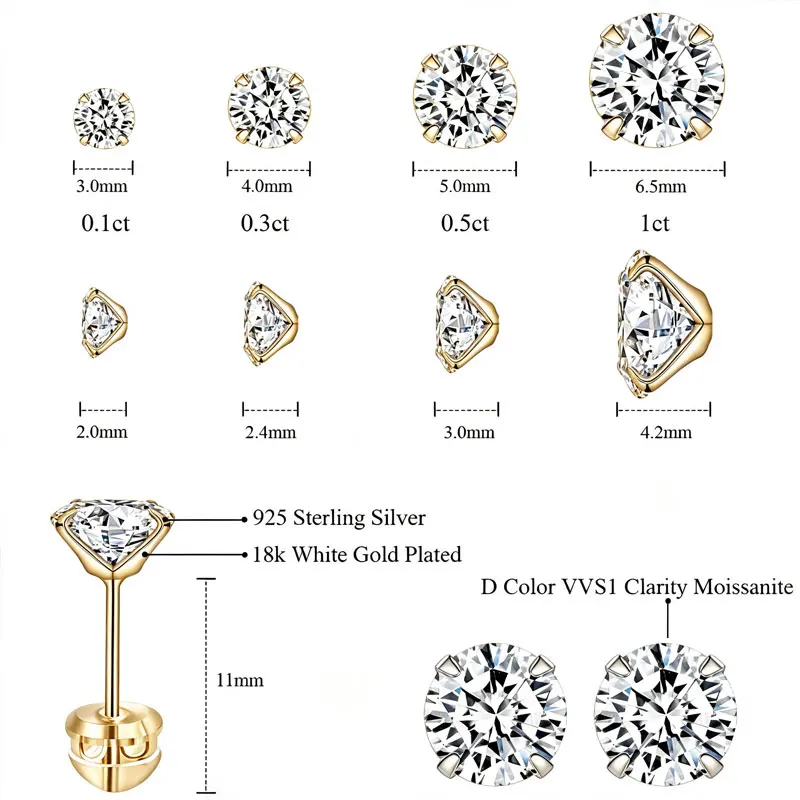 Women's Moissanite Stud Earrings, 1CT S925 Silver