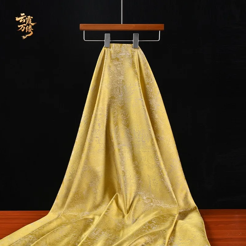 A light luxury and fashionable dress made of designer's fabric in grand golden dark jacquard pattern