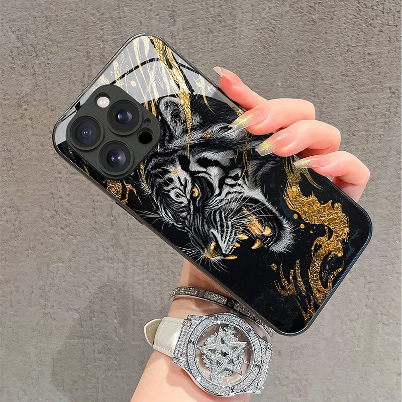 Fashion Golden Tiger Pattern Tempered Glass Phone Case For iPhone 17 16 15 Pro Max 14 13 12 11 17Air 16E 7 8 Plus XR XS X Cover