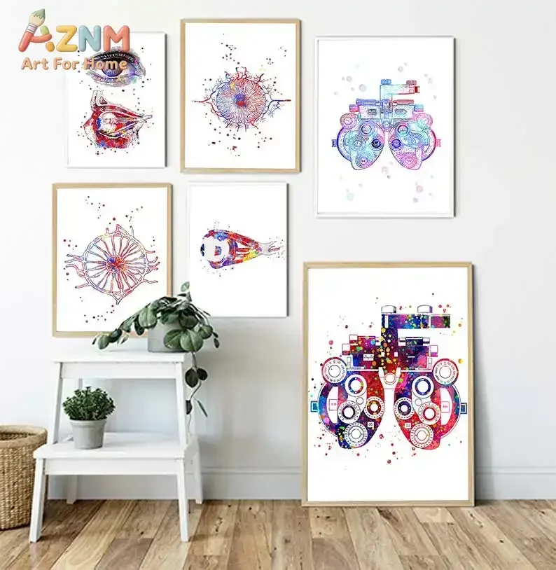 AZNM Eye Anatomy Canvas Wall Art Optometry Optician Phoropter Watercolor Print Poster Colorful Medical Ophthalmology Art for Cli