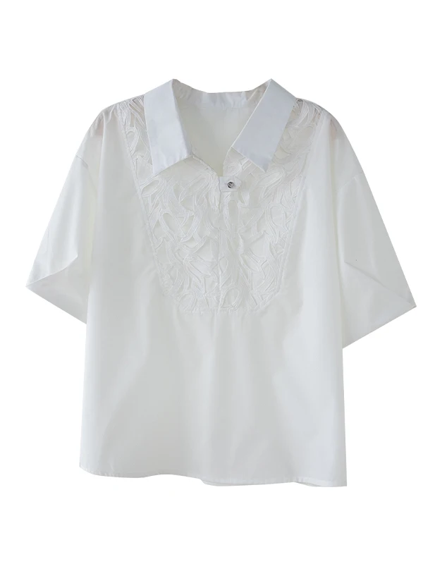 قميص نسائي أنيق مطرز بأكمام قصيرة صيفي فريد من نوعه جميل فضفاض قميص أبيض عصري بياقة بولو