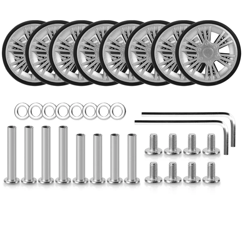 

8 шт. сменное колесо для багажа с винтом, серебряные дорожные колеса для багажа, запасные части для чемодана, ося 55 мм, ремонт колес