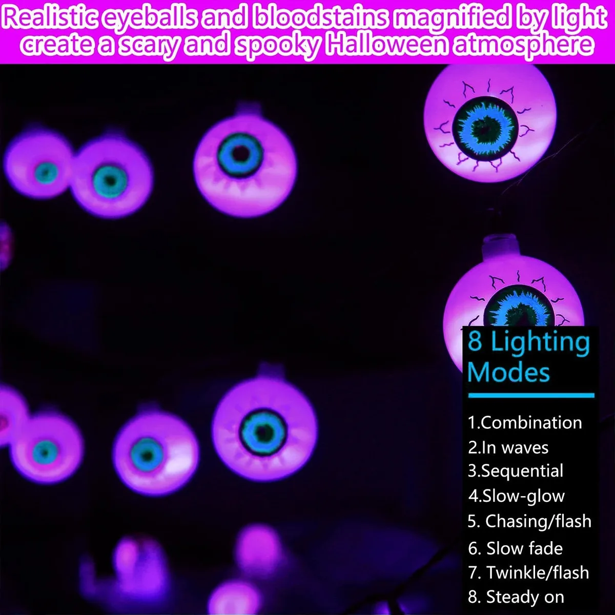 1pc 20/30 LED Blue Ghost Eye Spooky Halloween String Light Solar Powered With 8 Modes For Home Garden Patio Path Fireplace Decor