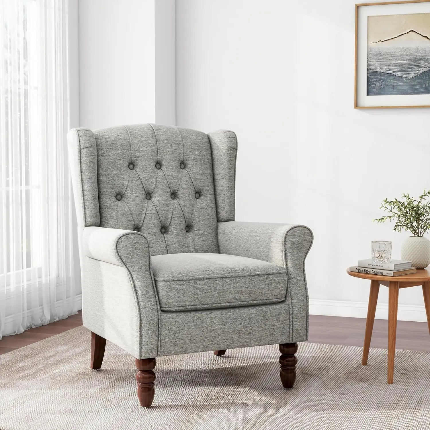 Tufted Wingback Accent Chair Light Grey High Back Armchair Wood Frame Nailhead Trim Living Room Bedroom, Customized