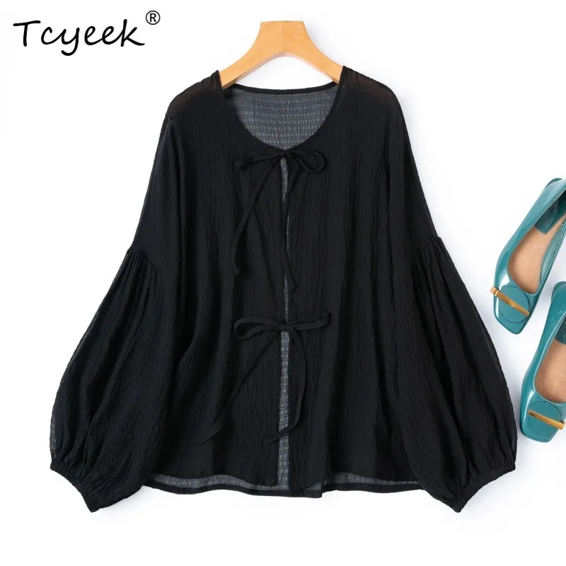 Tcyeek 100% Real Mulberry Silk Woman Tops 2026 Spring Texture Tie Lantern Sleeves Sun Protection Coat Female Clothing Ropa Mujer view 3