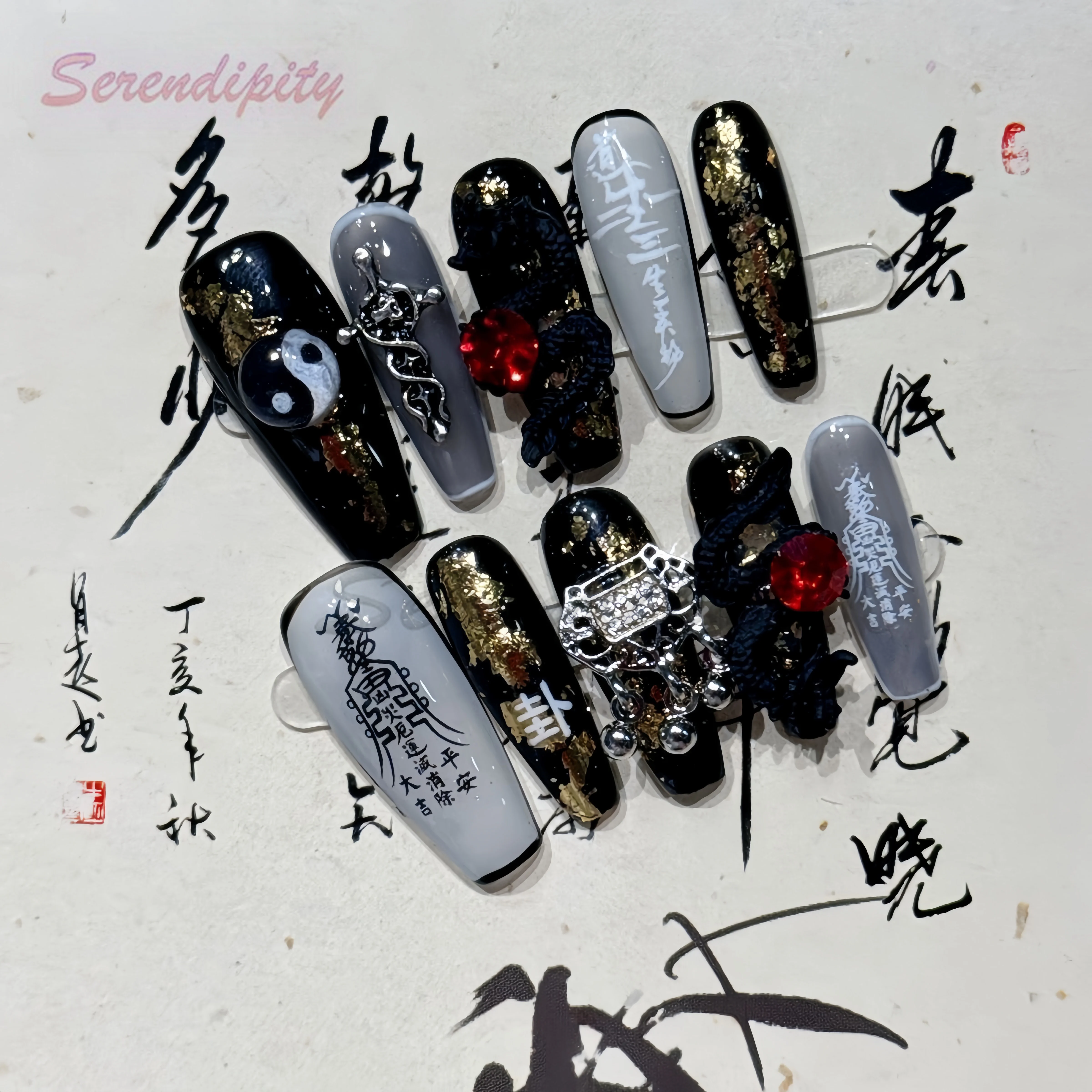 10Pcs Press On Nails Handmade Mysterious Eastern Power Fake Nails Wishing Getting Rich blessings 3D Limited with Adhesive Nails