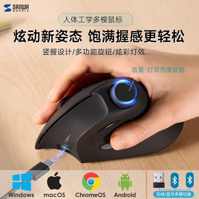 Japan Sanwa Ergonomic Gaming Mouse Wireless Bluetooth Dual-mode Mute Vertical Custom Button Colorful Light Effect Home Office