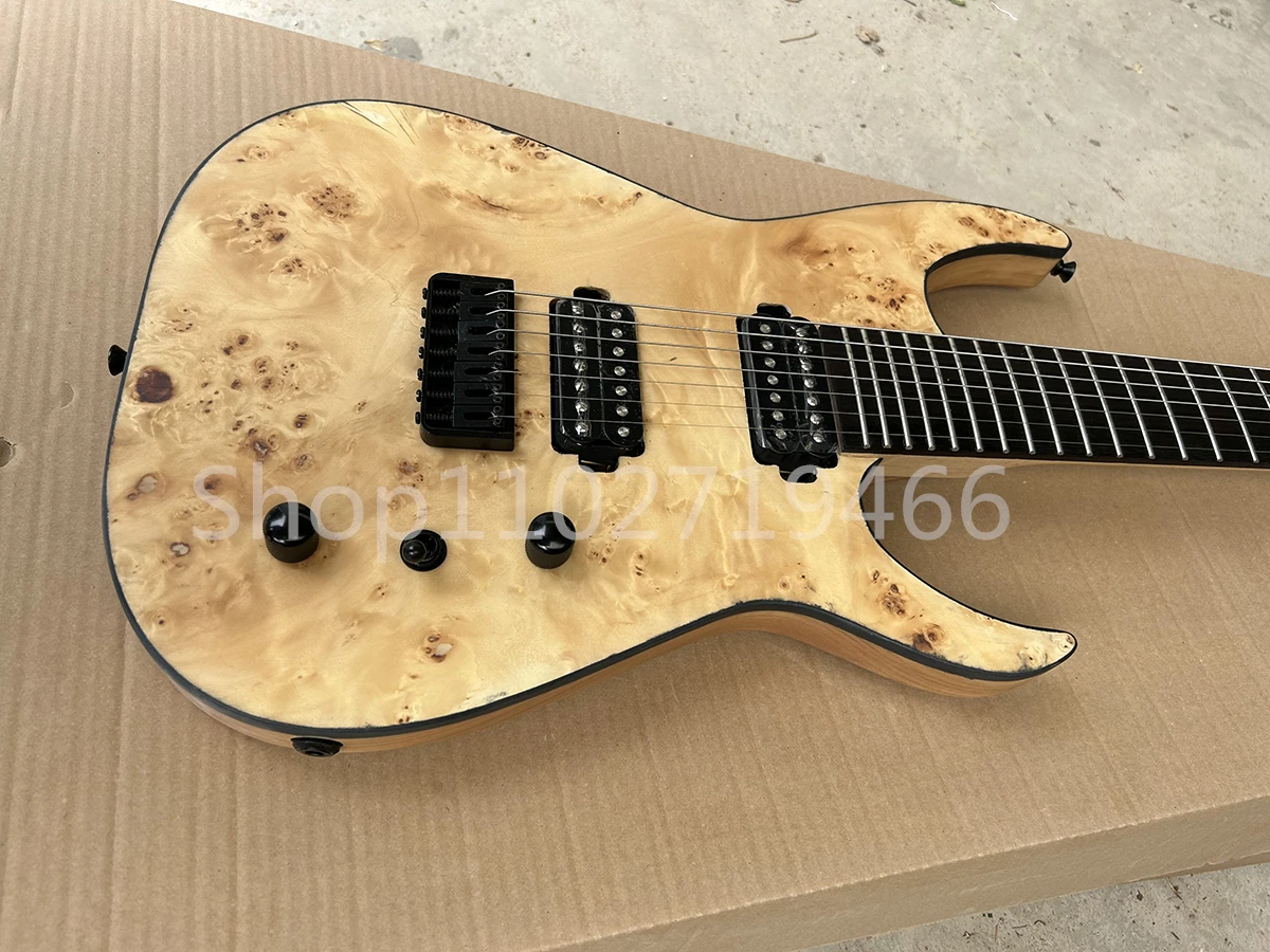 Factory Matte Natural 7 Strings Electric Guitar Burl Maple Veneer Rosewood Fretboard HH Pickups Black Hardwares Customizable