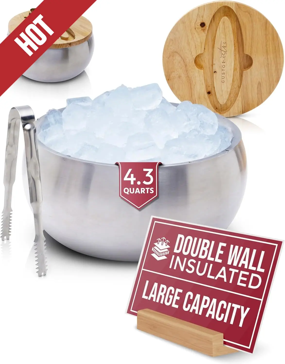 

4.1L Insulated Ice Bucket With Lid And Tongs, Double Wall Stainless Steel Ice Bucket Large, BPA Free Ice Bucket For Cocktail Bar