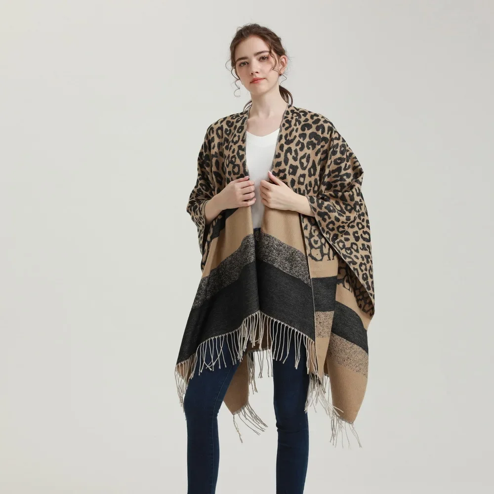 Chal grande con patrón de leopardo para mujer, capa dividida de Cachemira de imitación, Poncho para mujer, capas de otoño e invierno, nueva marca