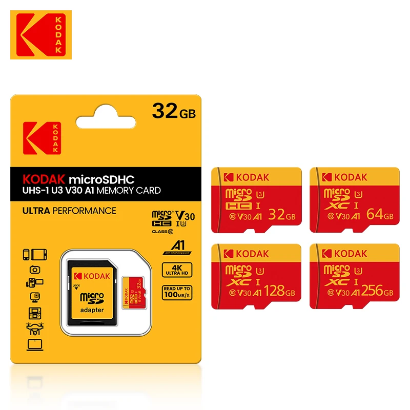 Kodak cartão microsd cartão de memória vermelho class10 32gb 64gb 128gb 256gb u3 4k memória flash de alta velocidade tf cartões flash para telefone