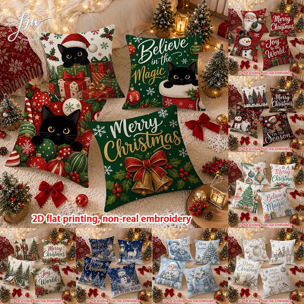 4pcs Christmas Throw Pillow Covers Xmas Holiday Decorative Pillow Cases with Black Cat Santa Snowman Designs for Home Sofa Couch