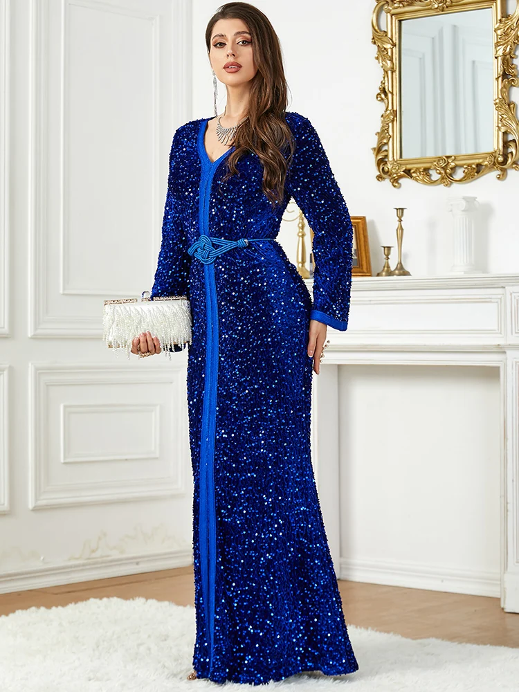 Ramadan Abaya Kaftan for Women Velvet Sequins Arabic Evening Dresses Muslim Dubai Gowns Moroccan Kaftan Eid Party Long Dress