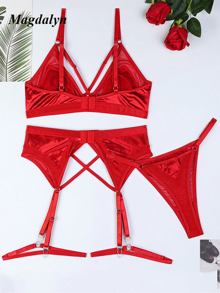 Magdalyn Women Red Skinny Bra Brief Suit Fasion Ins Push Up Underwear Sexy Lingerie Pornographic 3 Piece Club Party Lingerie Set