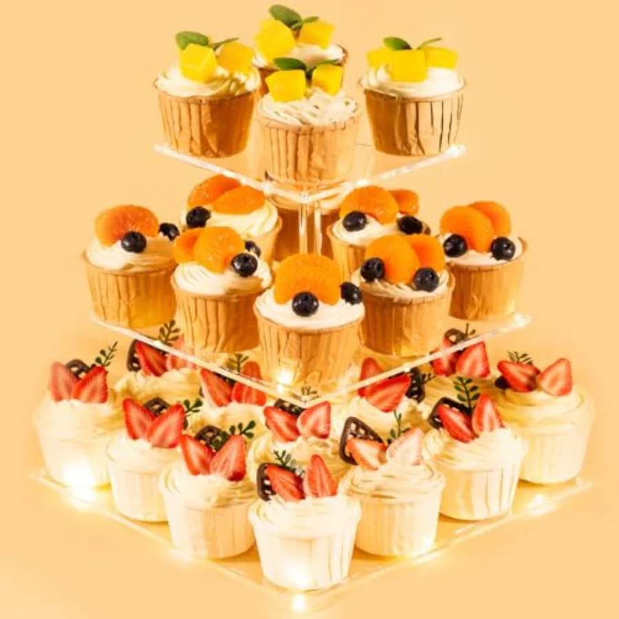 3 Tier Cupcake Stand Cupcake Holder, Acrylic Cupcake Tower with LED Yellow Light for 24 Cupcakes, Dessert Table Display Set for