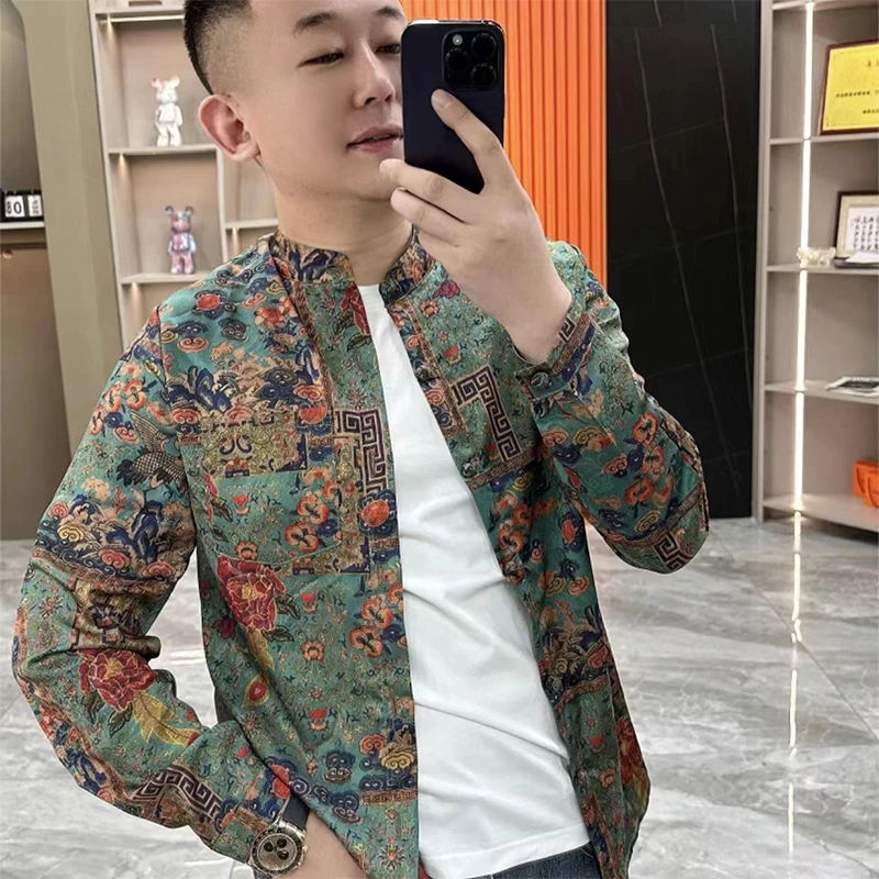 

Youth Men's Floral Print Long Sve round Ne Jaet Spring Summer Casual Faionable T Top Ethnic Sle Tang Costume