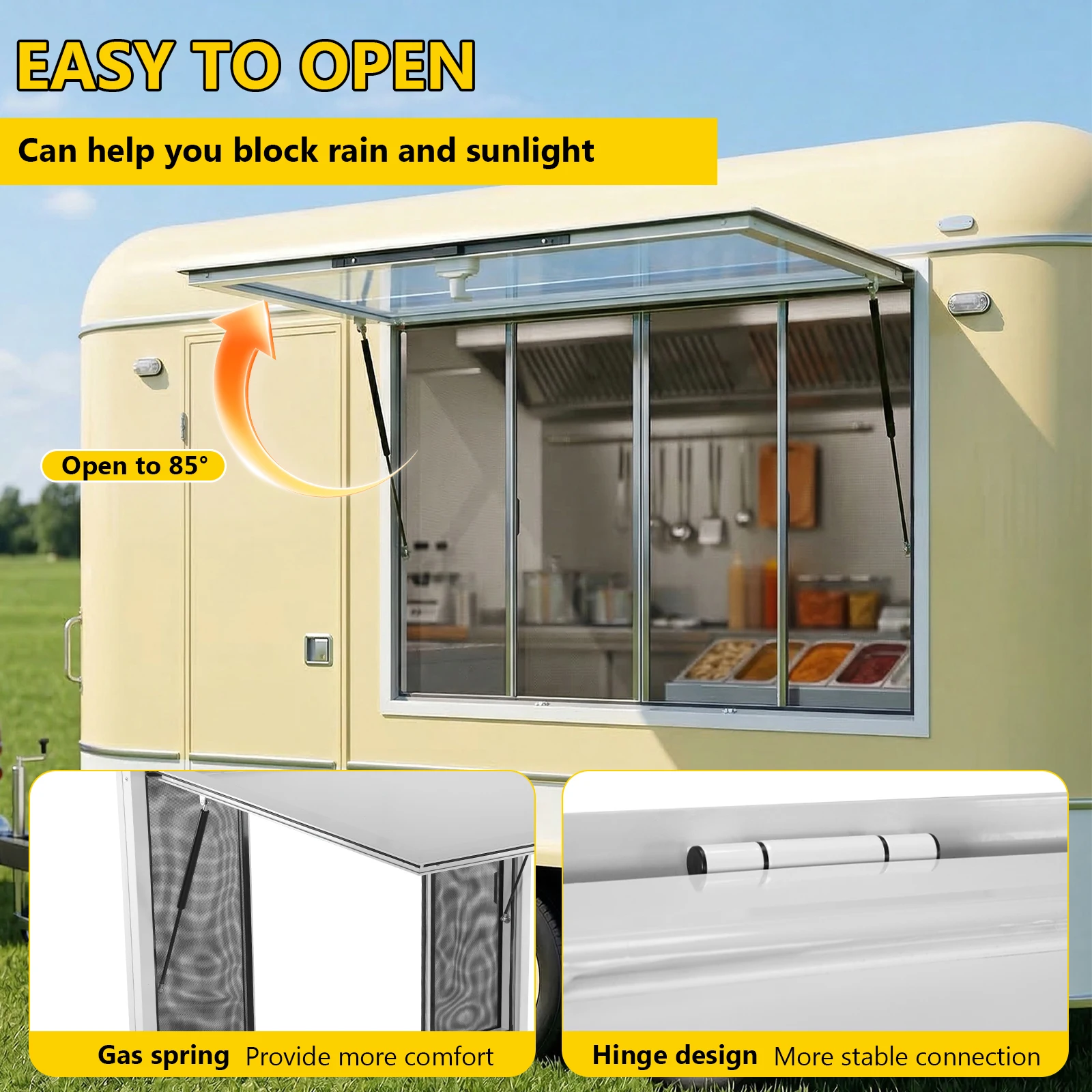 

Food Trailer Window 36x36/48x36/53x33inch with 4 Sliding Door Awning Door Drag Hook (Glass Not Included)