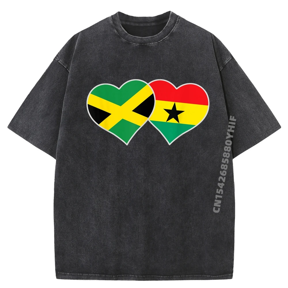

Newest Washed Shirt Jamaican Ghanaian Flag Heart Jamaica Ghana Graphic T Shirts Man Clothes Printed Camiseta