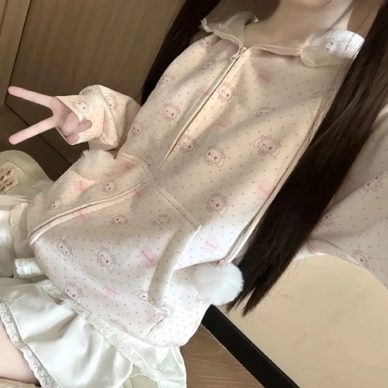 Japanese Subculture Sweet Kawaii Lace Hooded Sweatshirt Spring Girls Cute Sweet Zipper Hoodie Lolita Loose Jacket Y2k Clothes