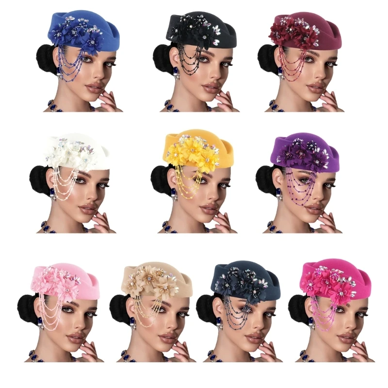 Soft Wool Blend Rhinestones With Dangling Tassels Stylish Winter Headwear For Party Occasion