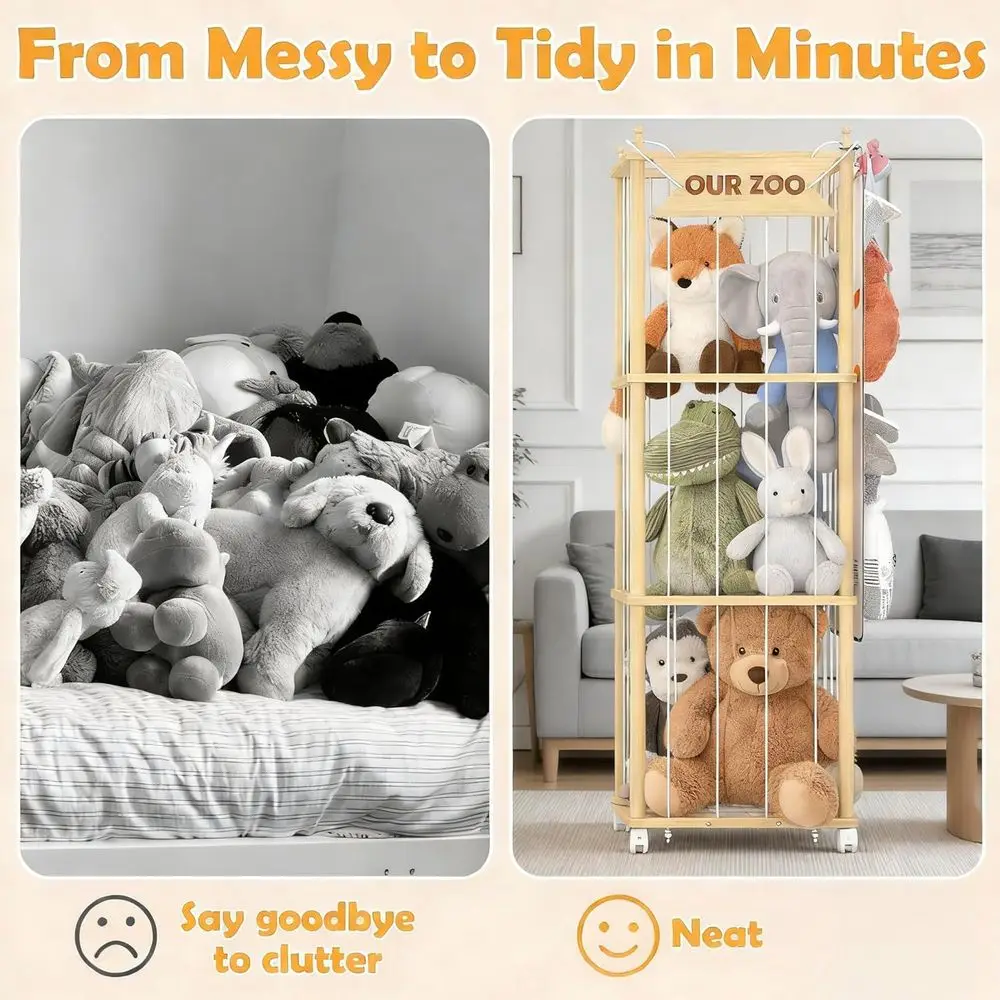 Animal Storage, Wooden Zoo Toy Organizer with Wheels & Hanging Net, Cute Plush Toy Display Stand for Kids Bedroom, Playroom & Nu view 6