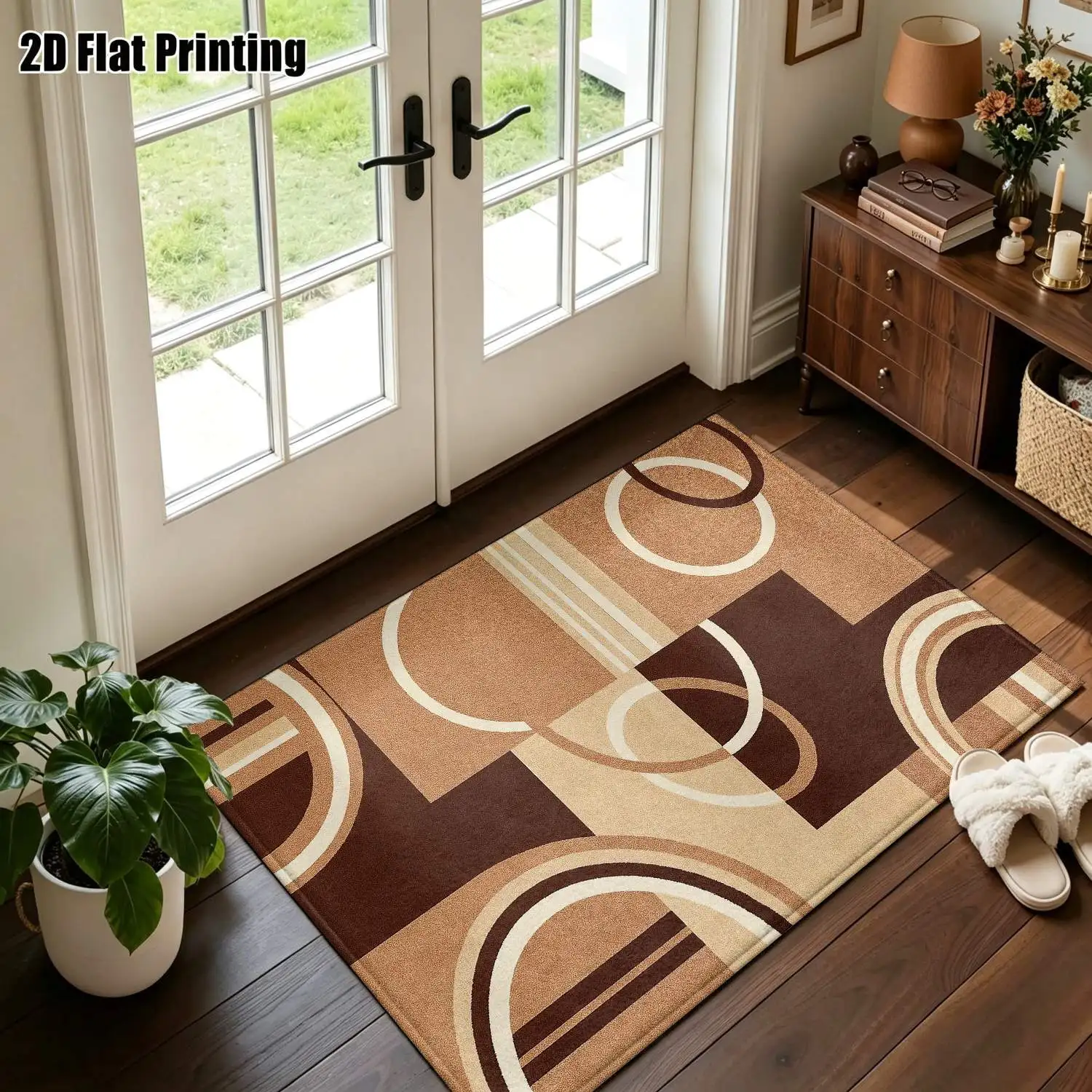 1Pc 2D Printed Brown-Beige Geometric Circle Pattern Carpet, Modern Minimalist, European Style, Vintage, Geometric Striped, Home Decor, Multi-Size, Machine Washable, Ideal for Entrance, Dining Room, Foyer, Bedroom, Living Room