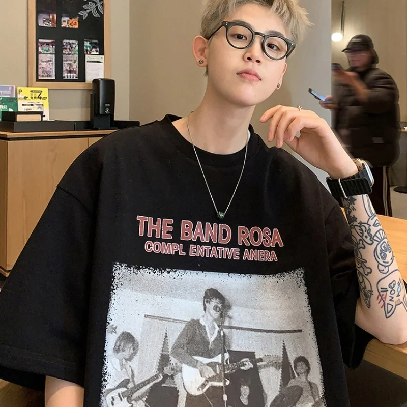 Męska koszulka oversize z nadrukiem w stylu hip-hopowym, luźny krój, modna koszulka na lato, casualowa koszulka o luźnym kroju.