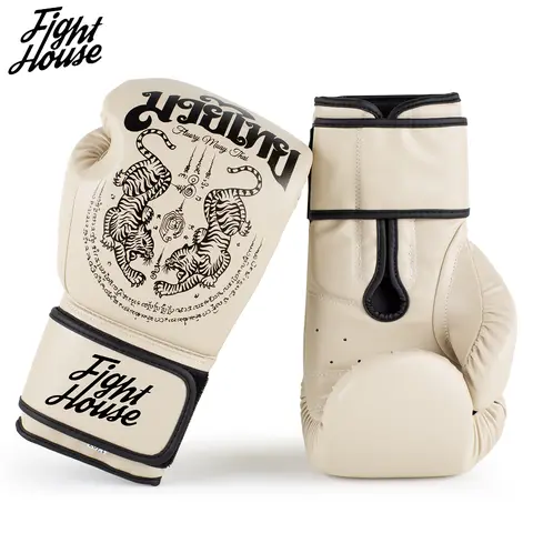 Fight House 10OZ 12OZ 14OZ 16OZ Muay Thai Boks Eldivenleri Çift Kaplan Kayısı Rengi Siyah Altın Dövüş Antrenman Boks Eldivenleri