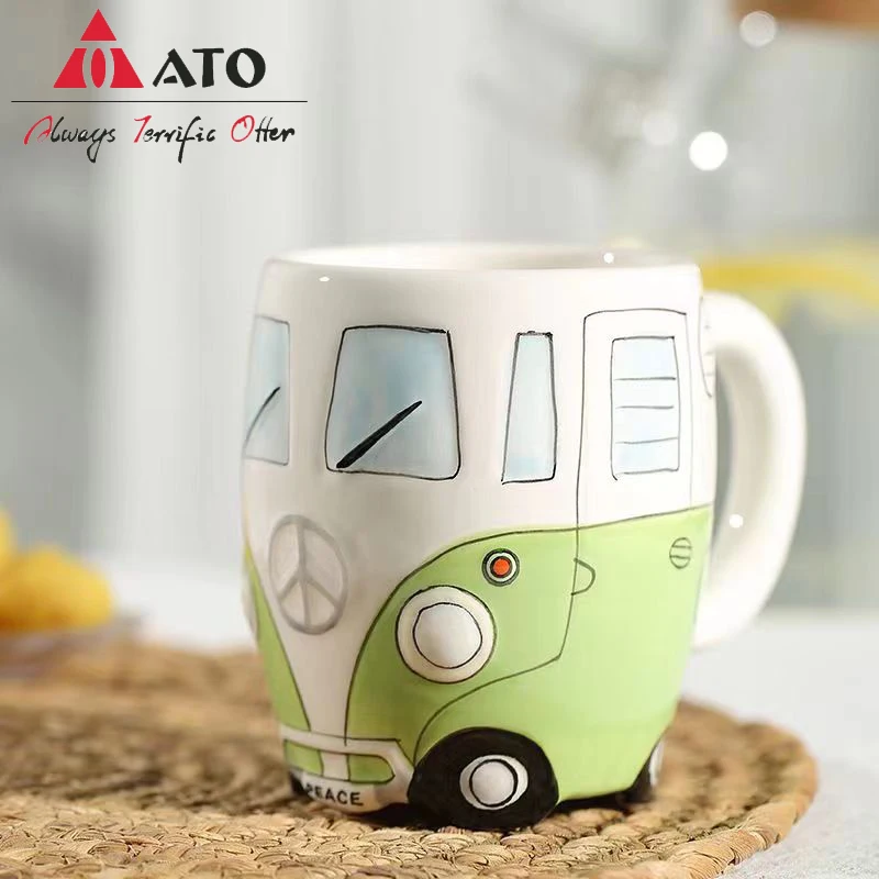 

ATO Hand Painting Double Bus Mug Cartoon Ceramic Milk Tea Water Coffee Mugs Home Office School Drinkware Cup Novetly Gifts