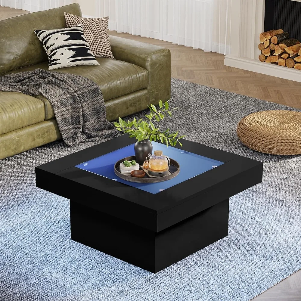 Square Coffee Table with LED Lights, 35.4 Coffee Tables for Living Room, Tempered Glass-top Coffee Table, Black Modern Center