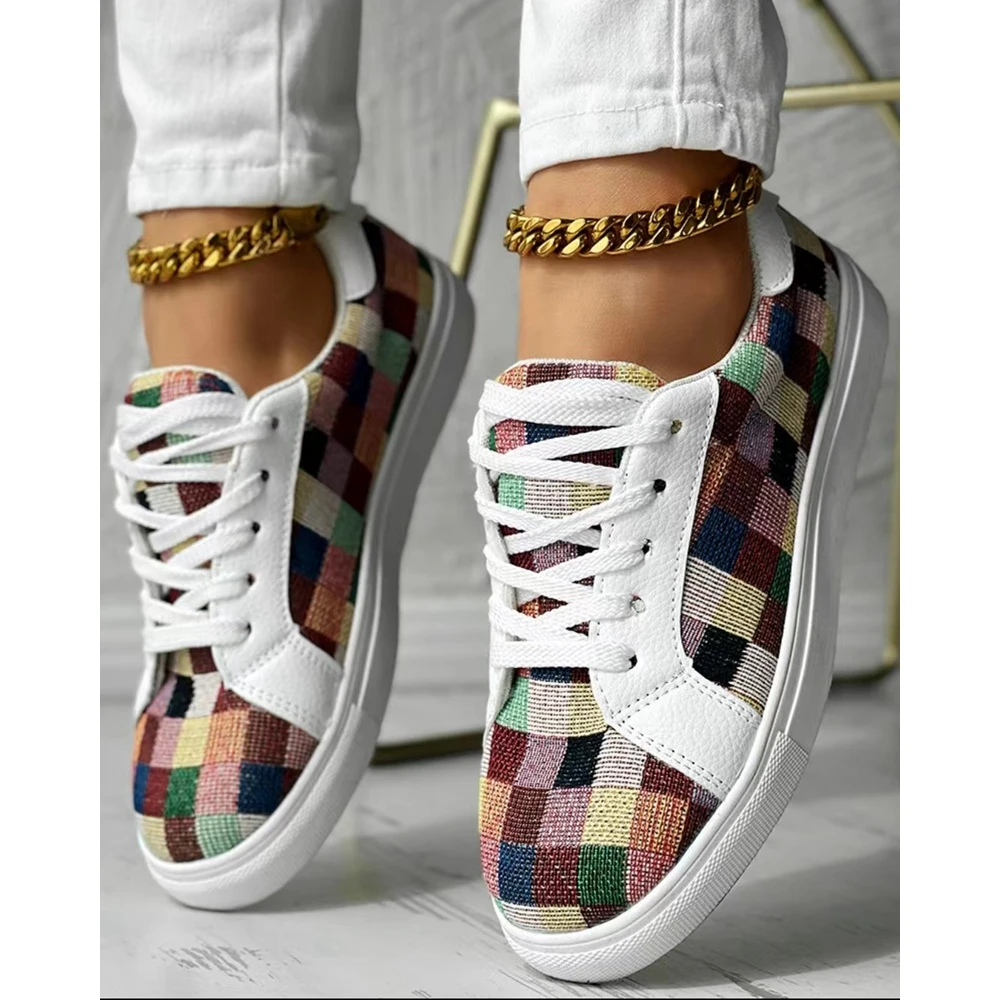 

New In Colorblock Plaid Print Lace-up Sneakers Women Spring Autumn Round Toe Sports Running Shoes Femme Going Out Korean Style