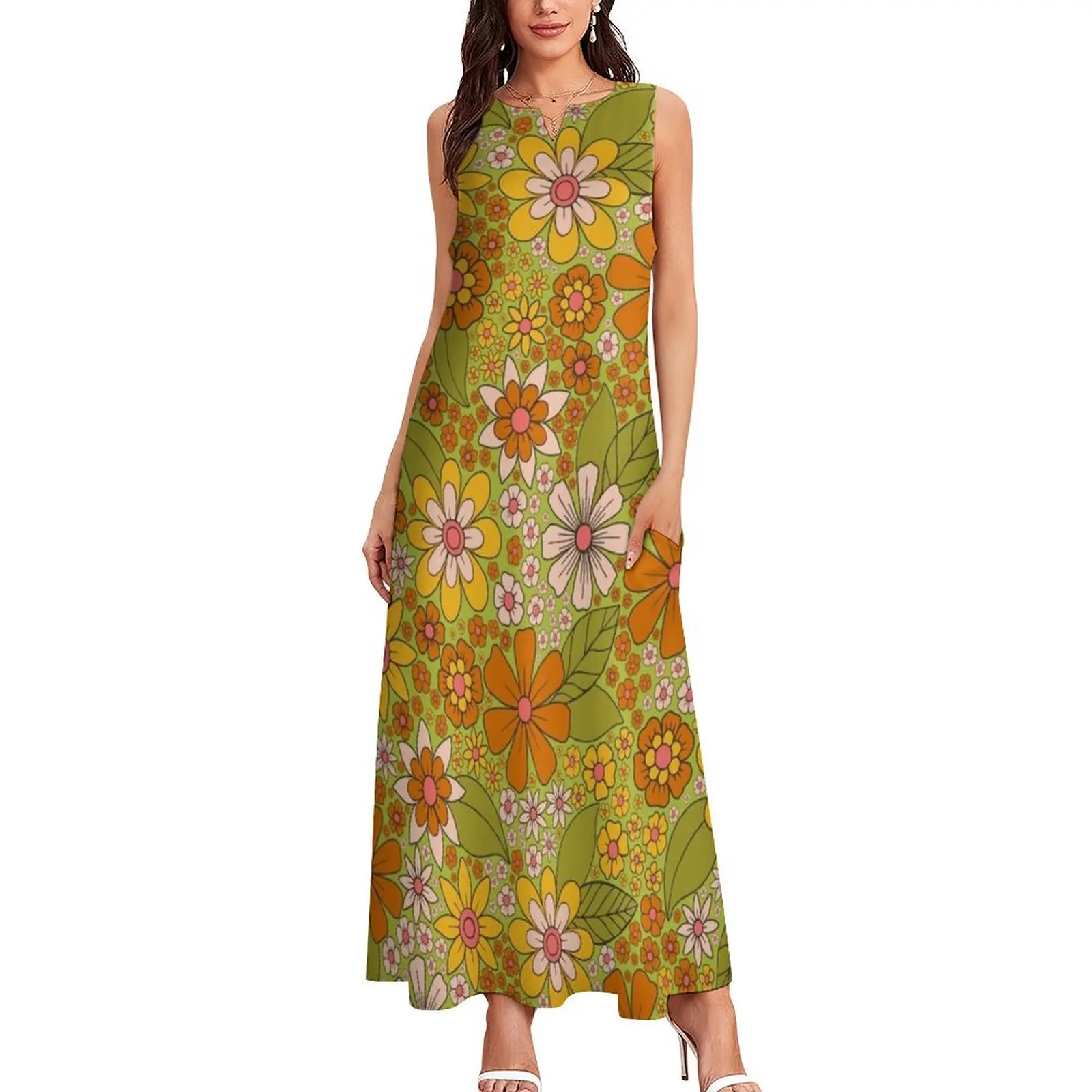 1960s, 1970s Retro Floral in Green, Pink & Orange - Flower Power Long Dress evening dresses ladies Summer women's clothing Dress