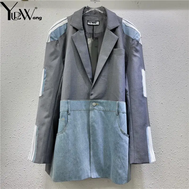 

YUERWAN женский пиджак 2024, осенний джинсовый сшитый женский пиджак на одной пуговице, модный свободный повседневный женский длинный пиджак
