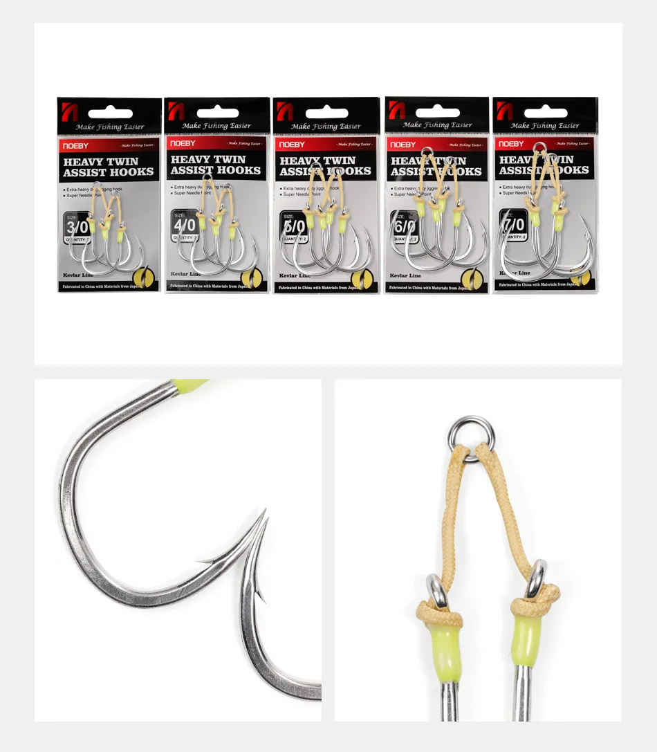 Noeby Heavy Duty Twin Assist Hook, Kevlar Line Forged Metal Jigs Hook, Super Needle Point, Sharp High Strength Sea Fishing Hooks – Detail 5