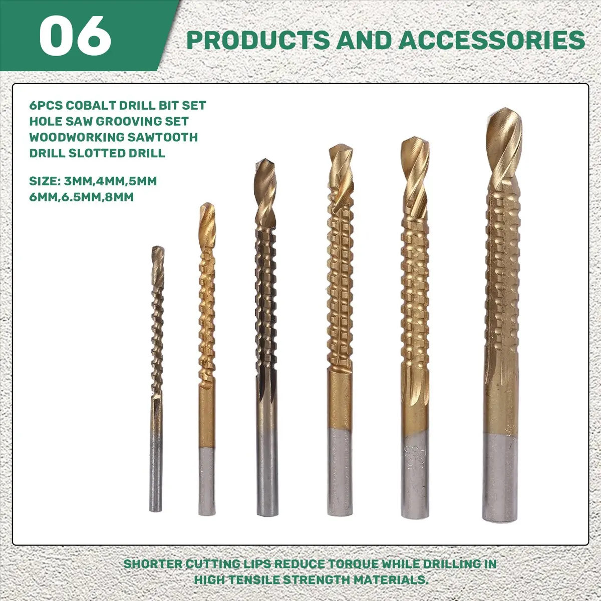 DT38 6Pcs Cobalt Drill Bit Set Hole Saw Grooving Set Woodworking Drill Slotted Drill