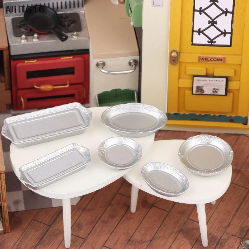6Pcs 1/12 Puppenhaus Silber Teller Tablett Modell Puppenhaus Küche Geschirr Dekoration Spielzeug Puppen Haus Zubehör