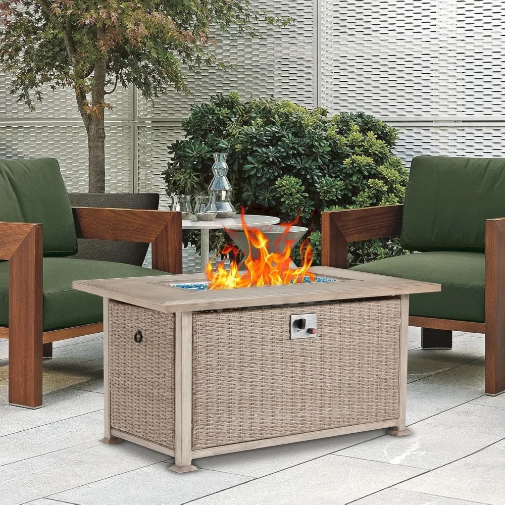 

Propane Gas Fire Pit Table, Auto-Ignition Rectangle Firepit with Lid, Flat Tabletop & Blue Glass Rocks PE Rattan, Fire Table